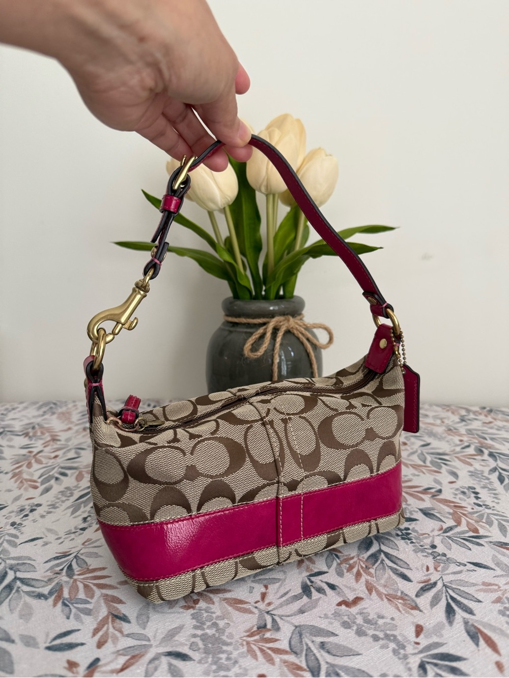Coach Mini Bag in Brown Canvas with Pink Trim